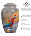 classic macaw parrot urn with wolf howling theme.