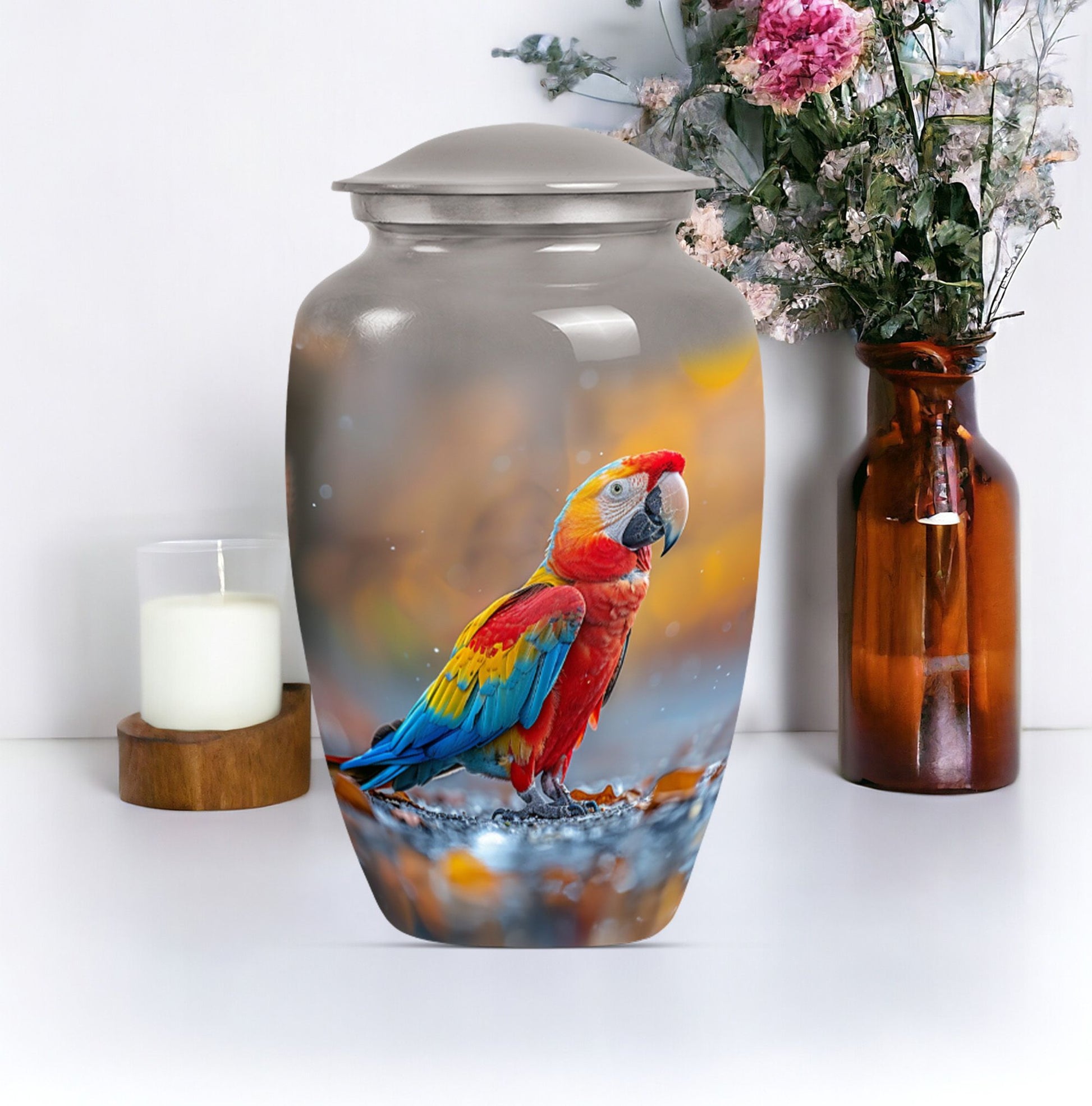 classic macaw parrot urn with wolf howling theme.