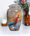 classic macaw parrot urn with wolf howling theme.