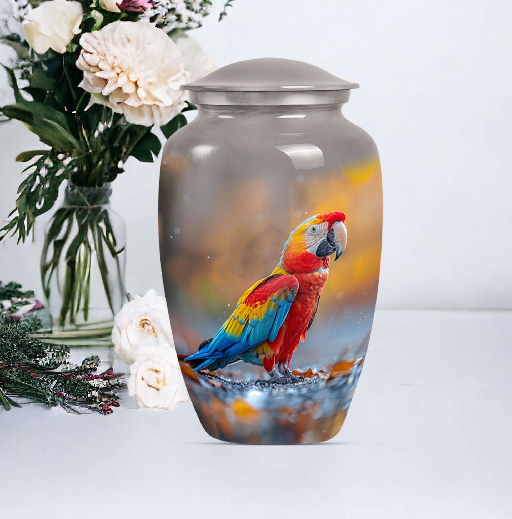 classic macaw parrot urn with wolf howling theme.