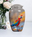 classic macaw parrot urn with wolf howling theme.