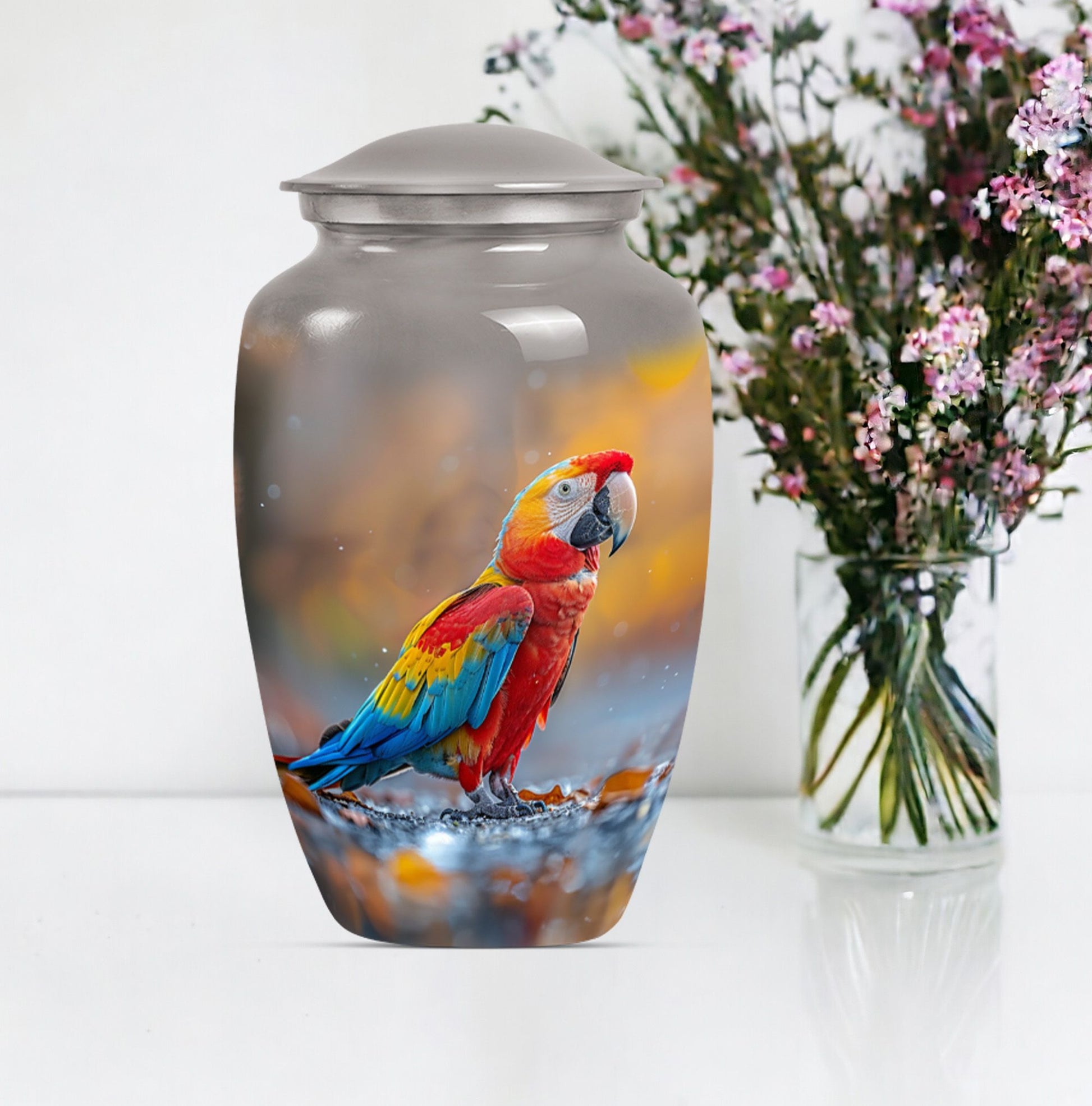 classic macaw parrot urn with wolf howling theme.