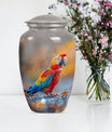 classic macaw parrot urn with wolf howling theme.