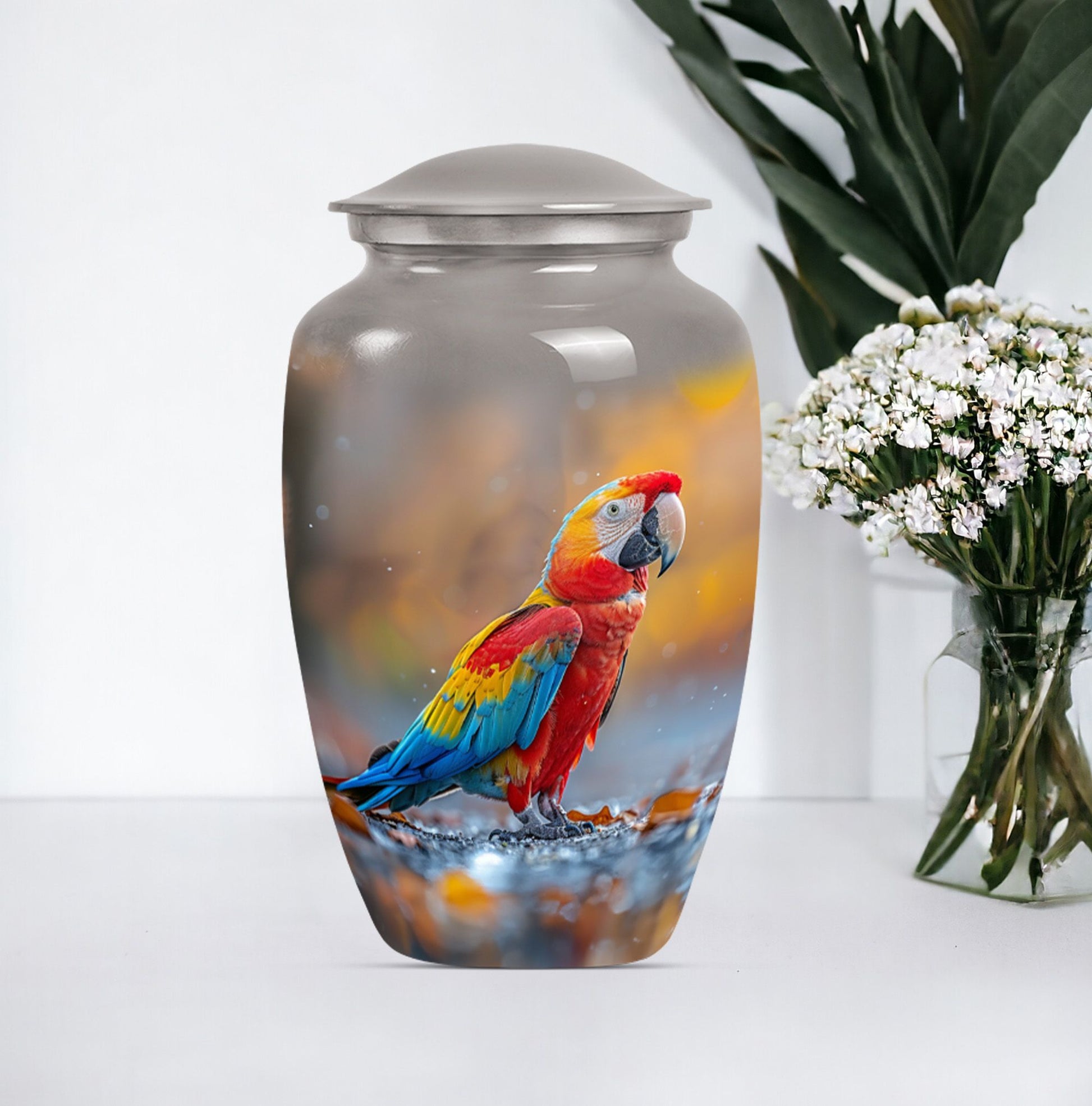 classic macaw parrot urn with wolf howling theme.