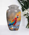 classic macaw parrot urn with wolf howling theme.