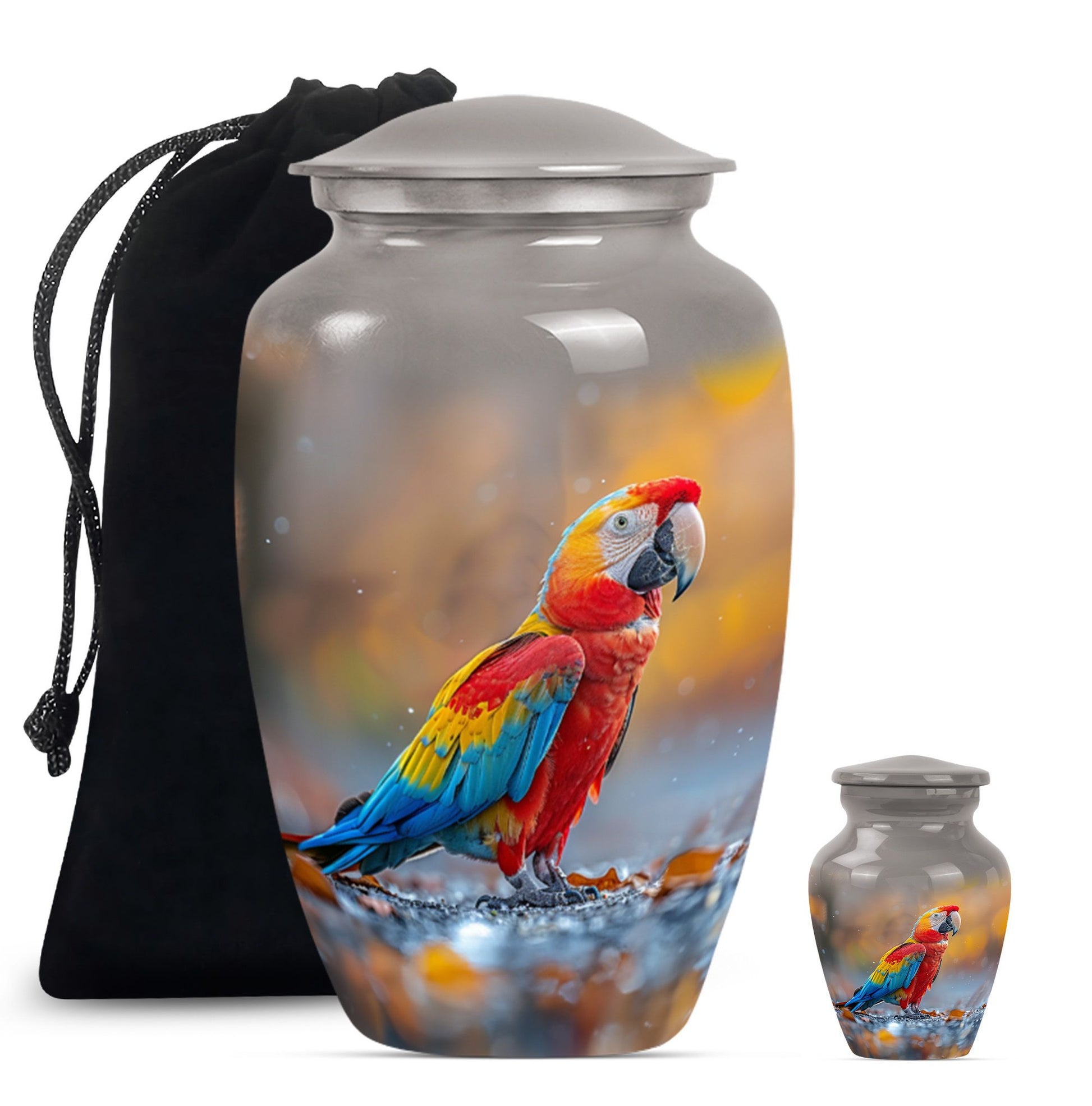 classic macaw parrot urn with wolf howling theme.