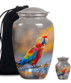 classic macaw parrot urn with wolf howling theme.