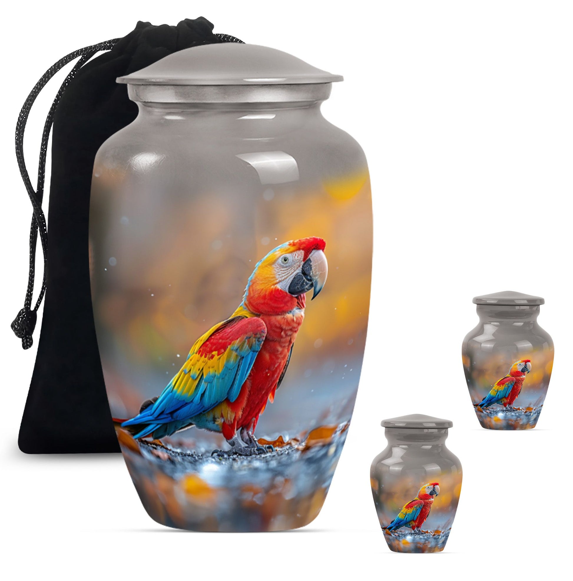 classic macaw parrot urn with wolf howling theme.