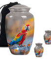 classic macaw parrot urn with wolf howling theme.