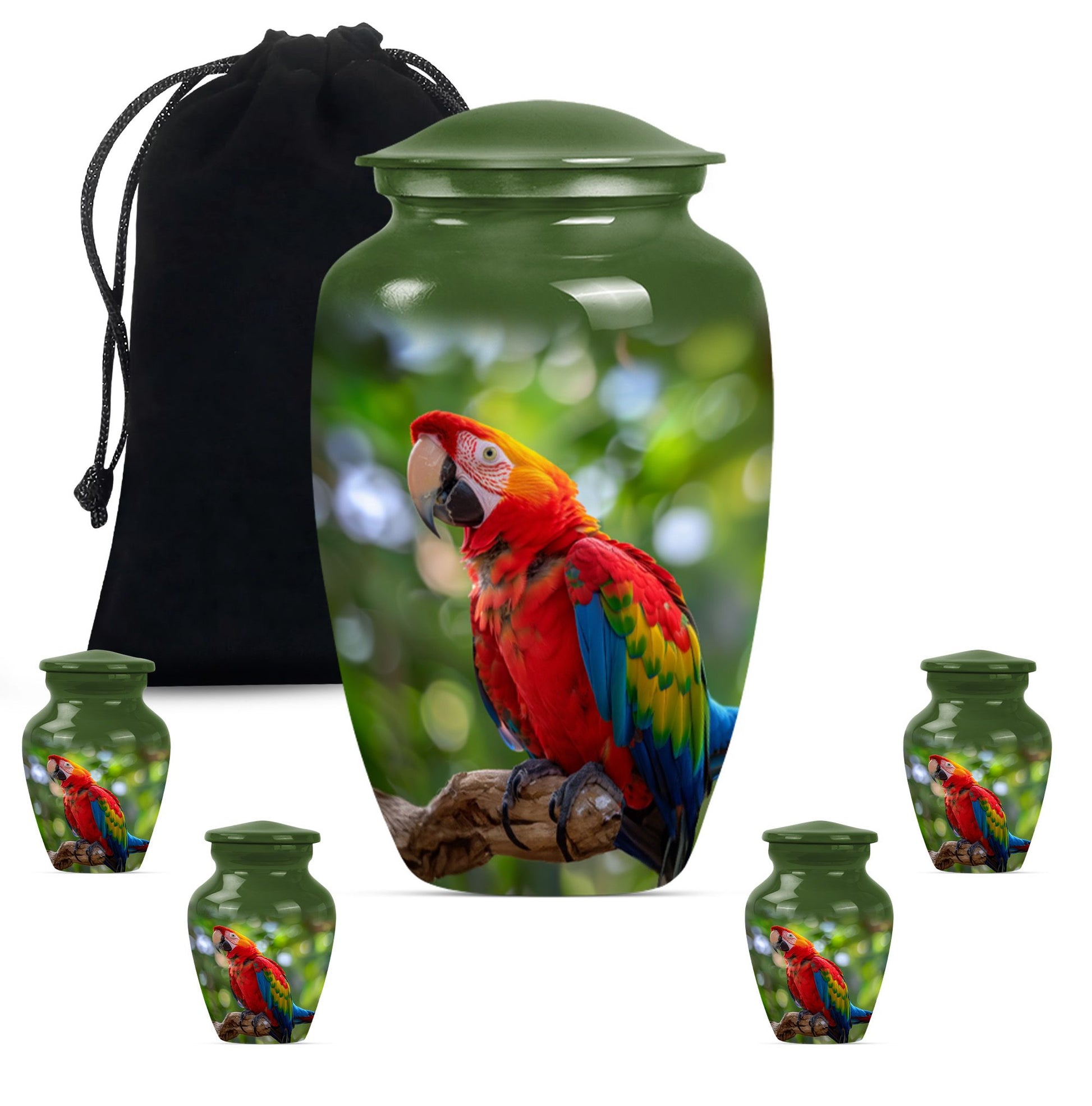 macaw parrot urn in classic design with howling wolf theme.