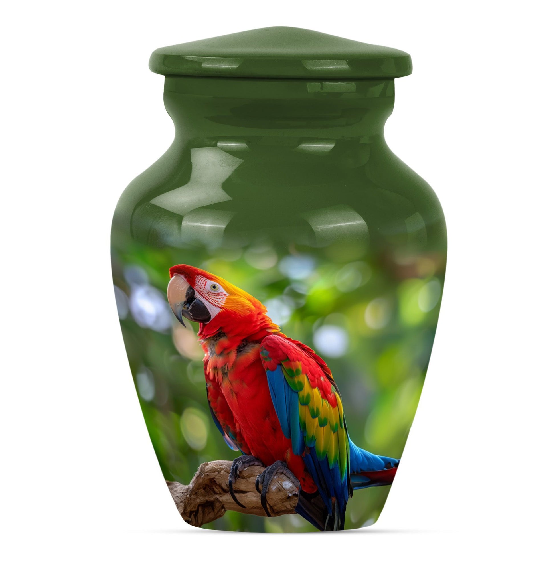 macaw parrot urn in classic design with howling wolf theme.