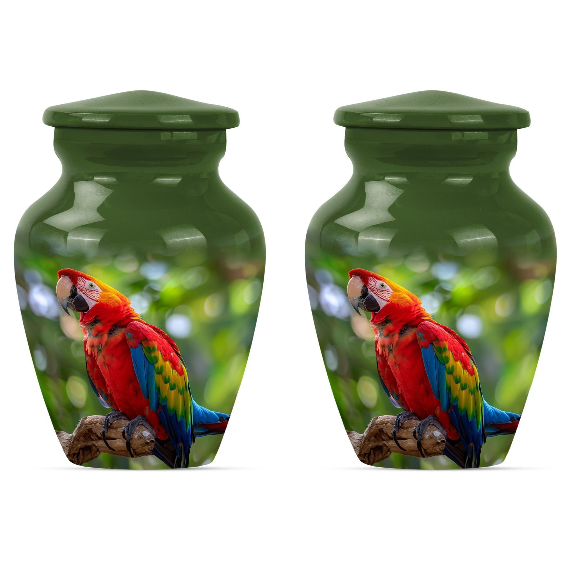 macaw parrot urn in classic design with howling wolf theme.