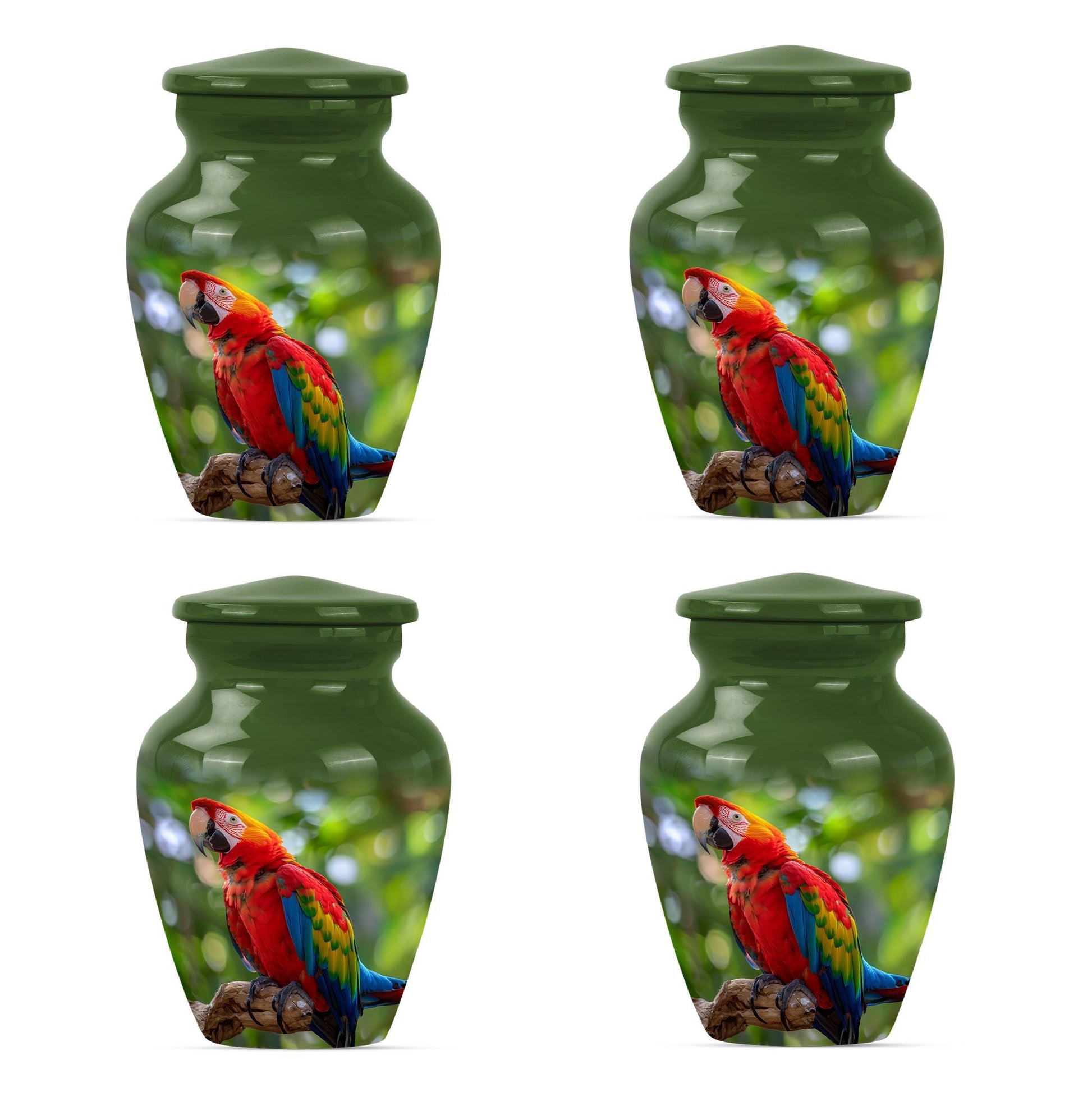 macaw parrot urn in classic design with howling wolf theme.