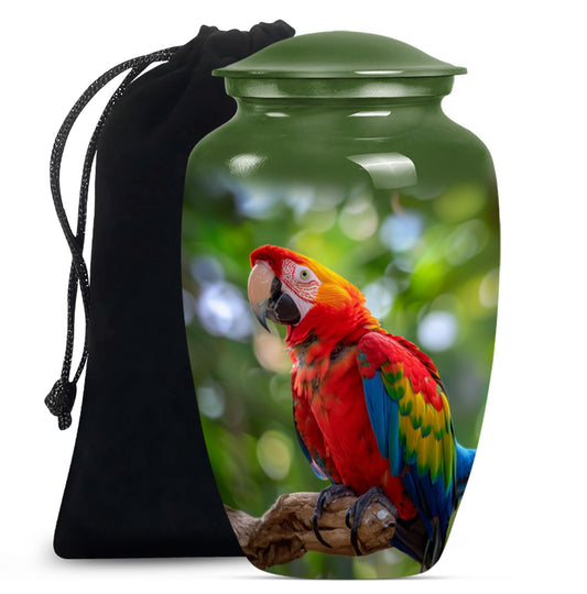 macaw parrot urn in classic design with howling wolf theme.