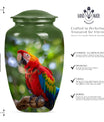 macaw parrot urn in classic design with howling wolf theme.