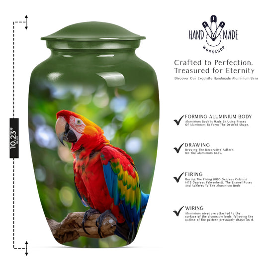 macaw parrot urn in classic design with howling wolf theme.