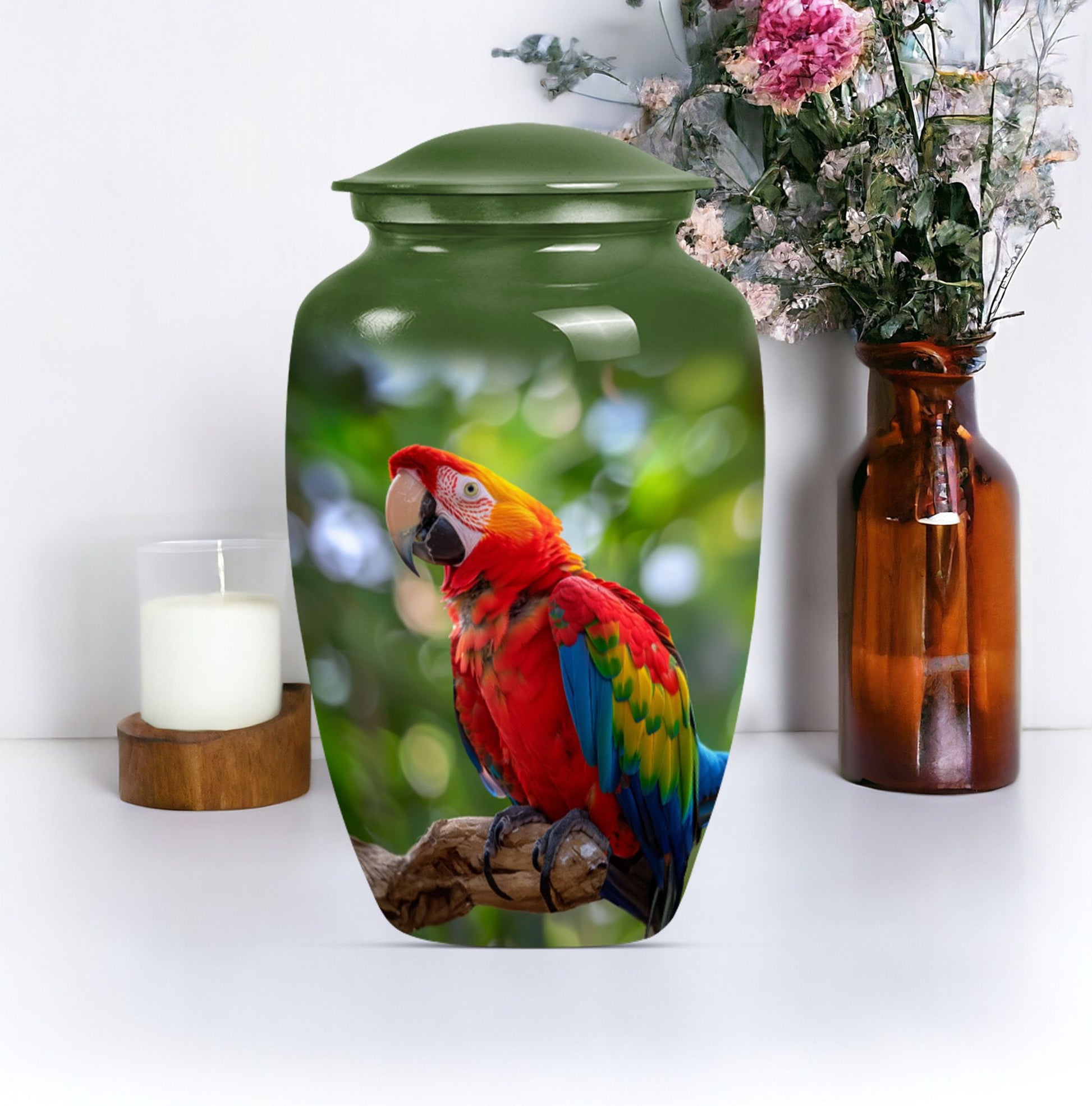 macaw parrot urn in classic design with howling wolf theme.