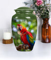 macaw parrot urn in classic design with howling wolf theme.