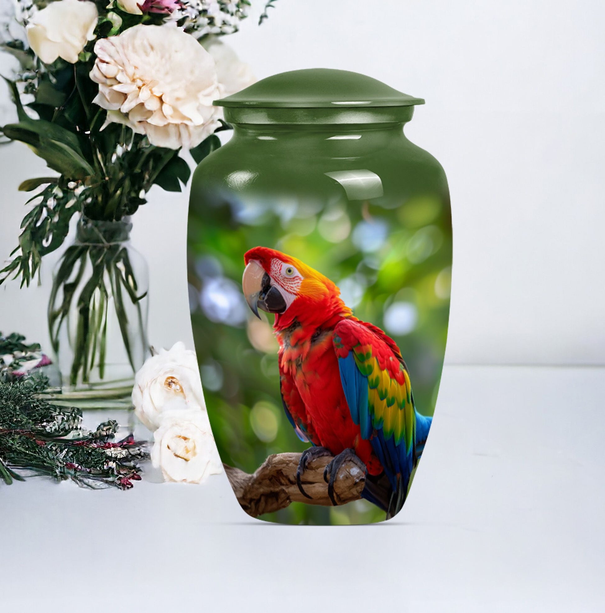 macaw parrot urn in classic design with howling wolf theme.