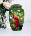 macaw parrot urn in classic design with howling wolf theme.