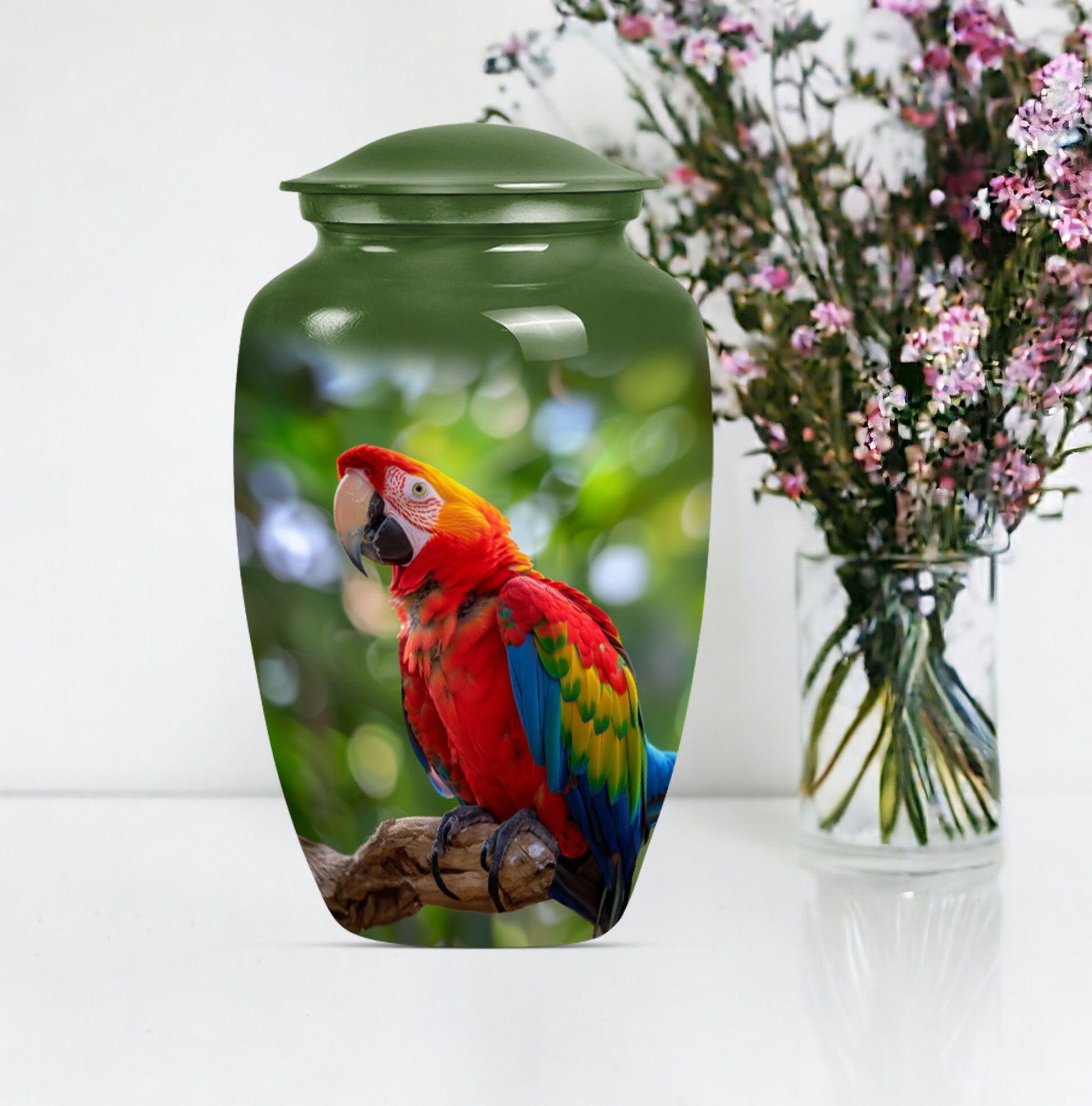 macaw parrot urn in classic design with howling wolf theme.