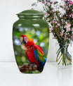 macaw parrot urn in classic design with howling wolf theme.