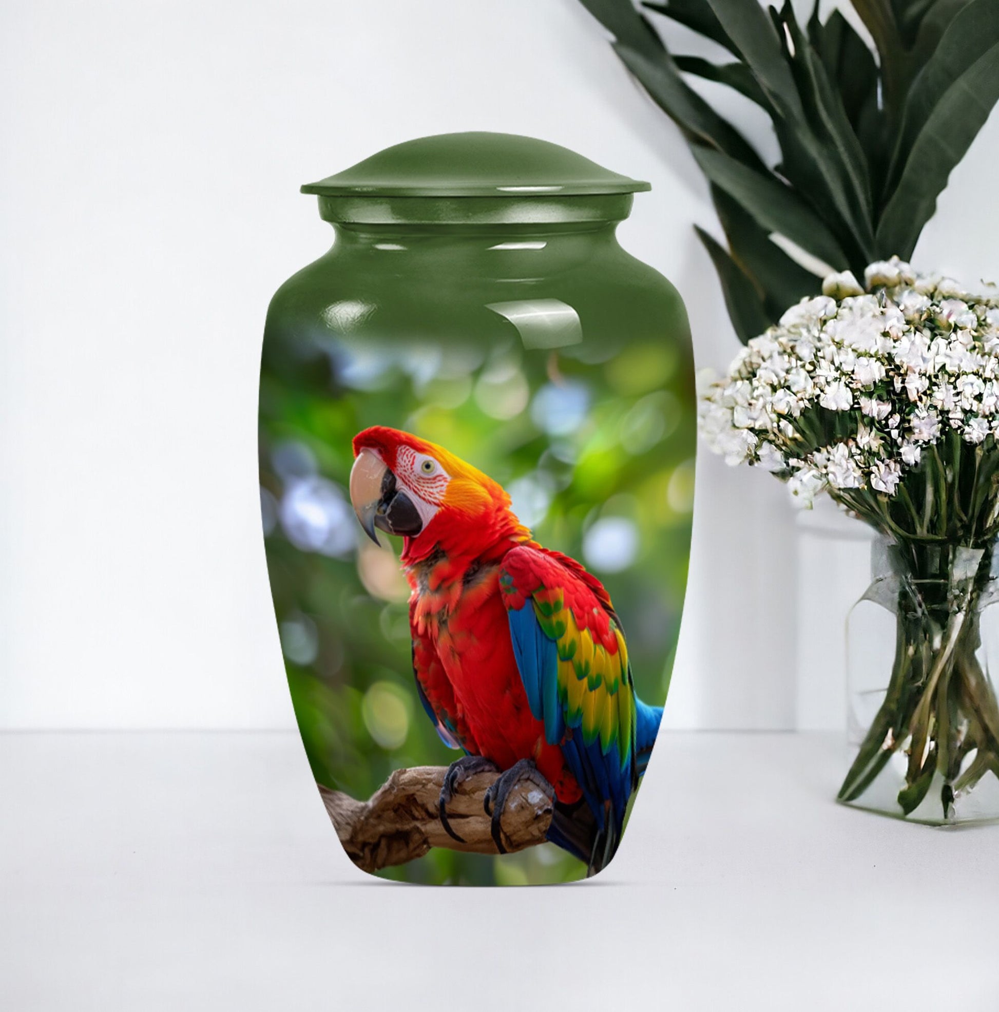 macaw parrot urn in classic design with howling wolf theme.