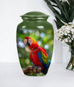 macaw parrot urn in classic design with howling wolf theme.