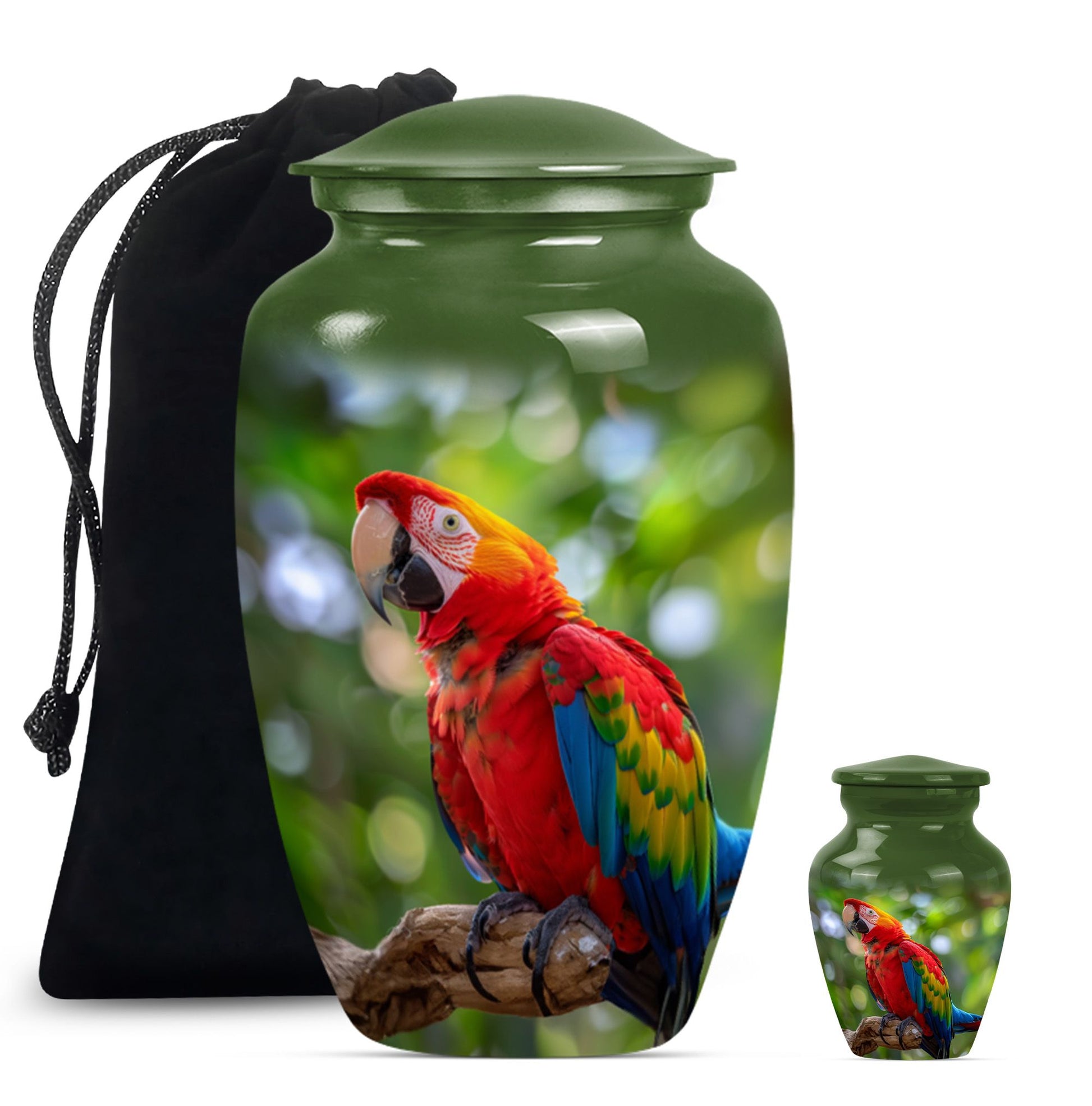 macaw parrot urn in classic design with howling wolf theme.