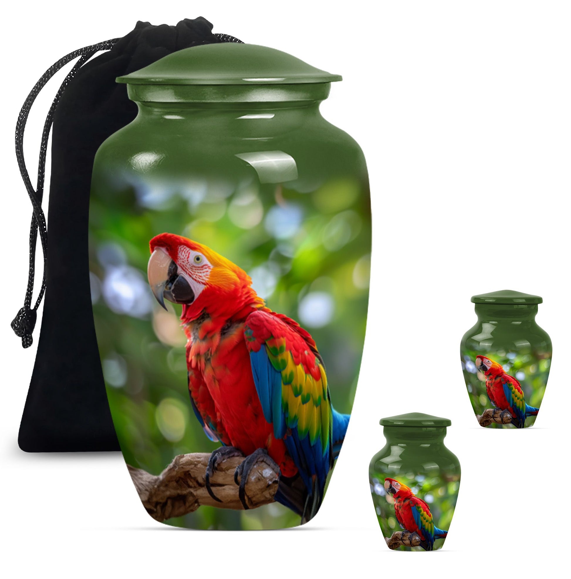 macaw parrot urn in classic design with howling wolf theme.