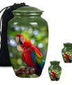 macaw parrot urn in classic design with howling wolf theme.