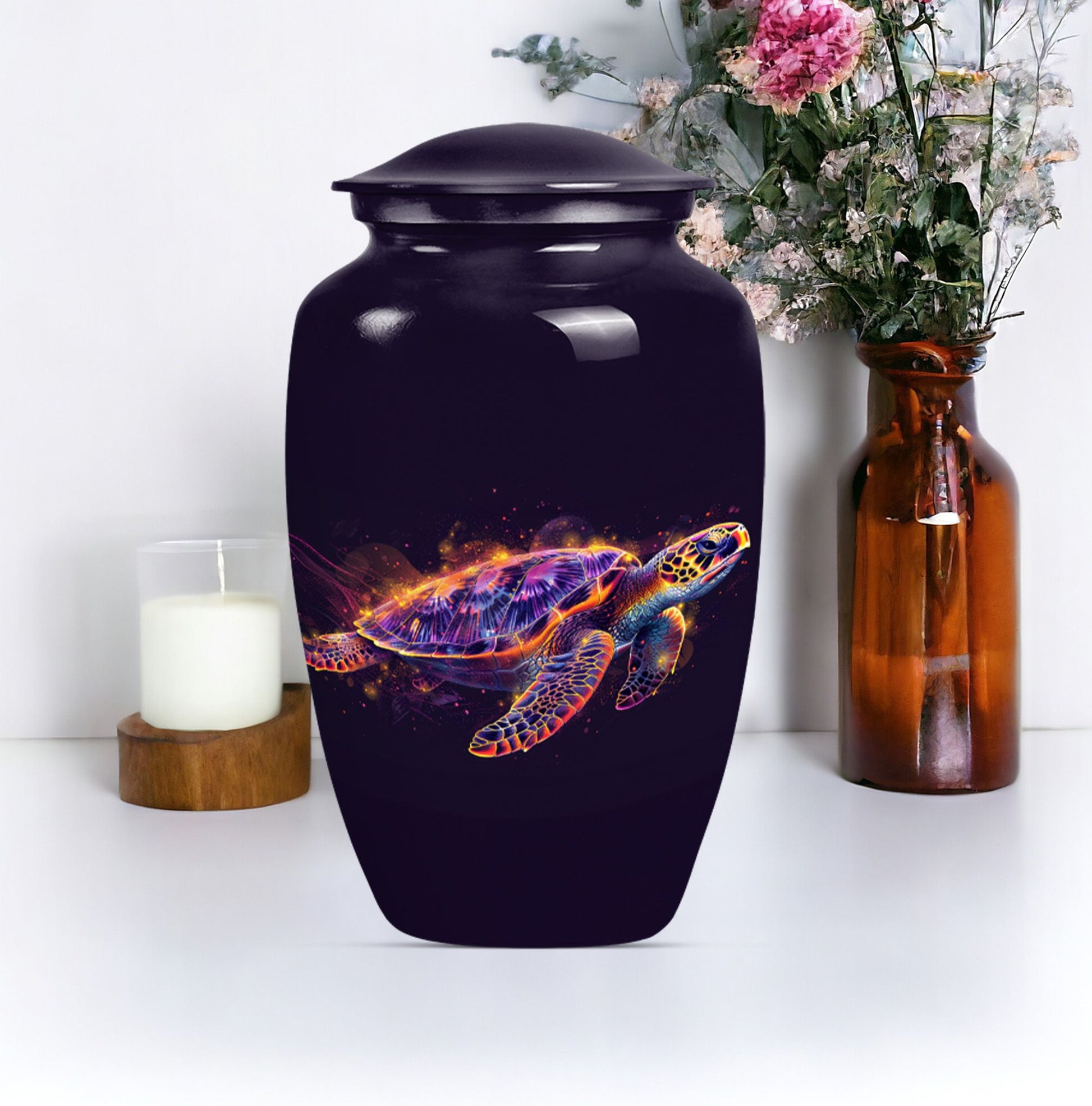 10-inch TURTLE Urn, classic design, wolf howling theme.