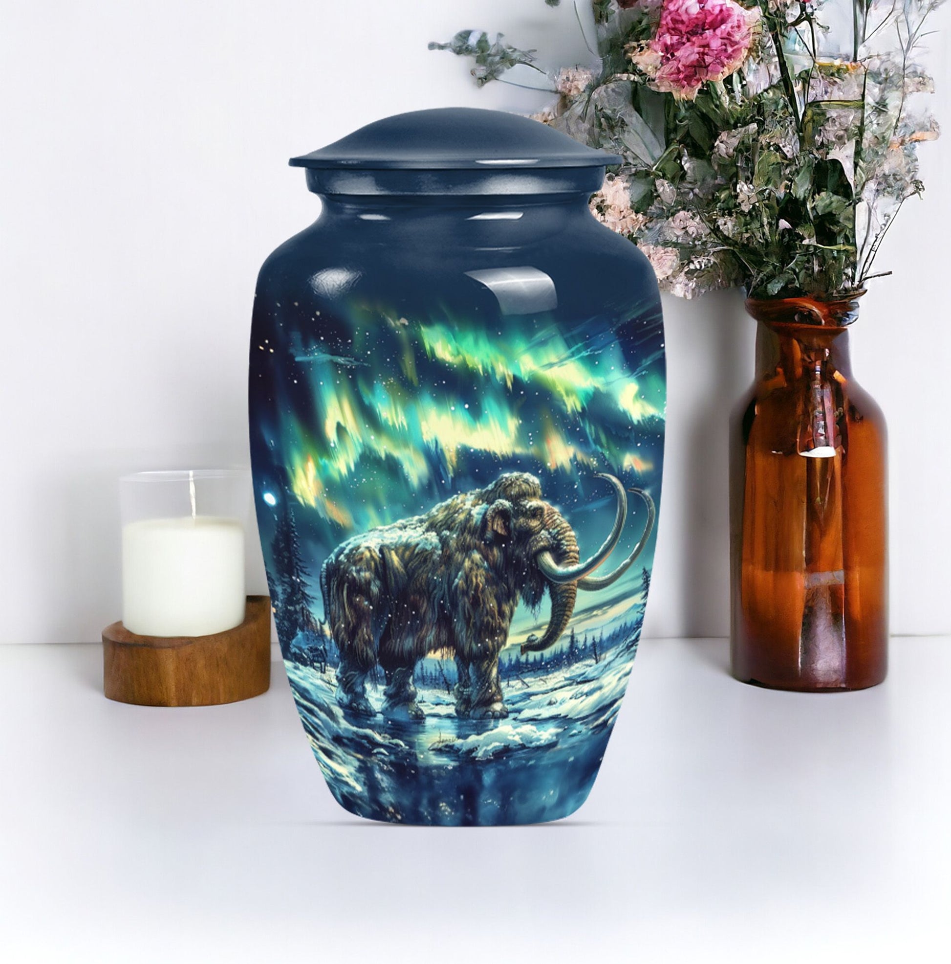 mammoth urn with a howling wolf theme, 