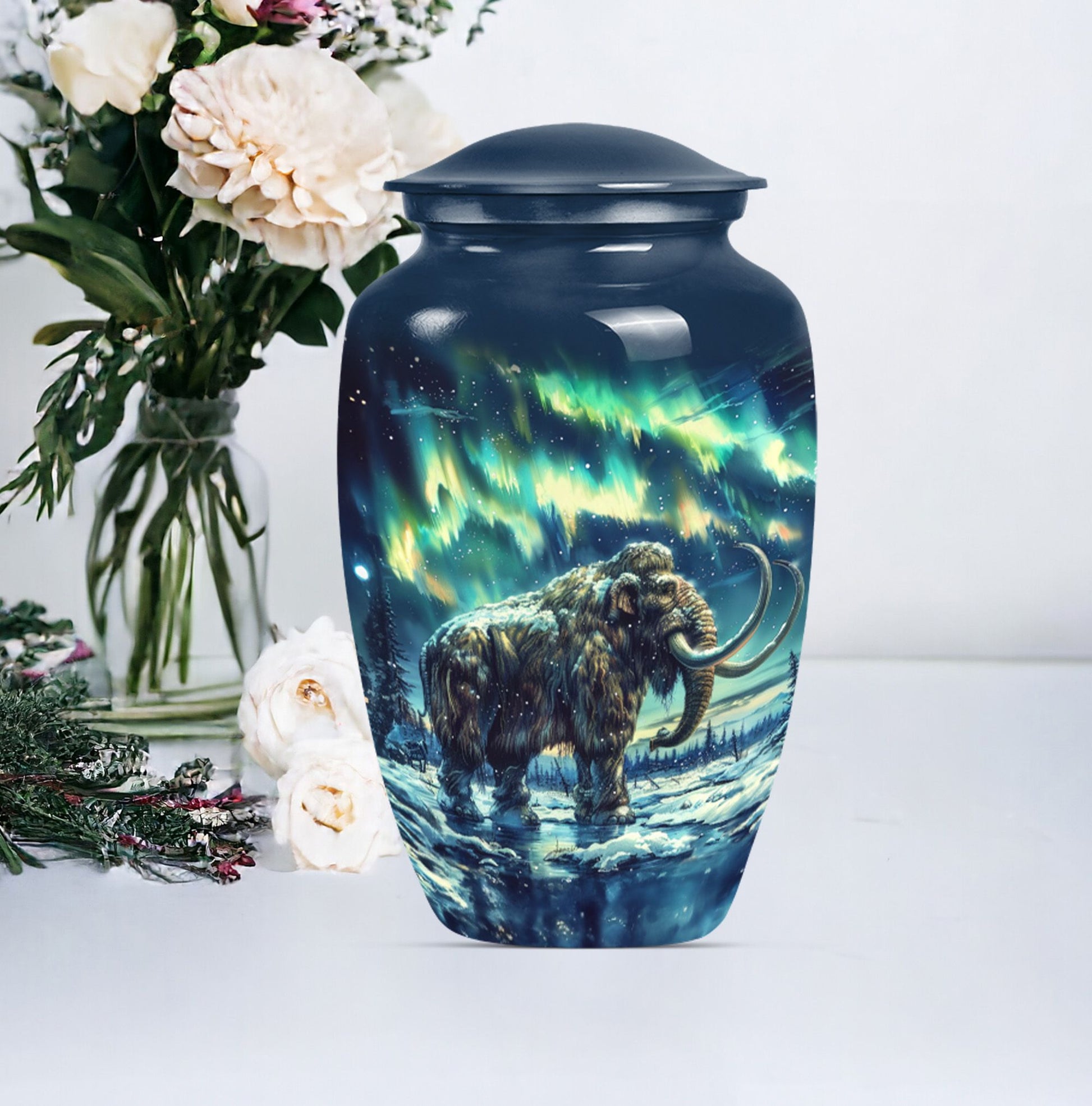 mammoth urn with a howling wolf theme, 