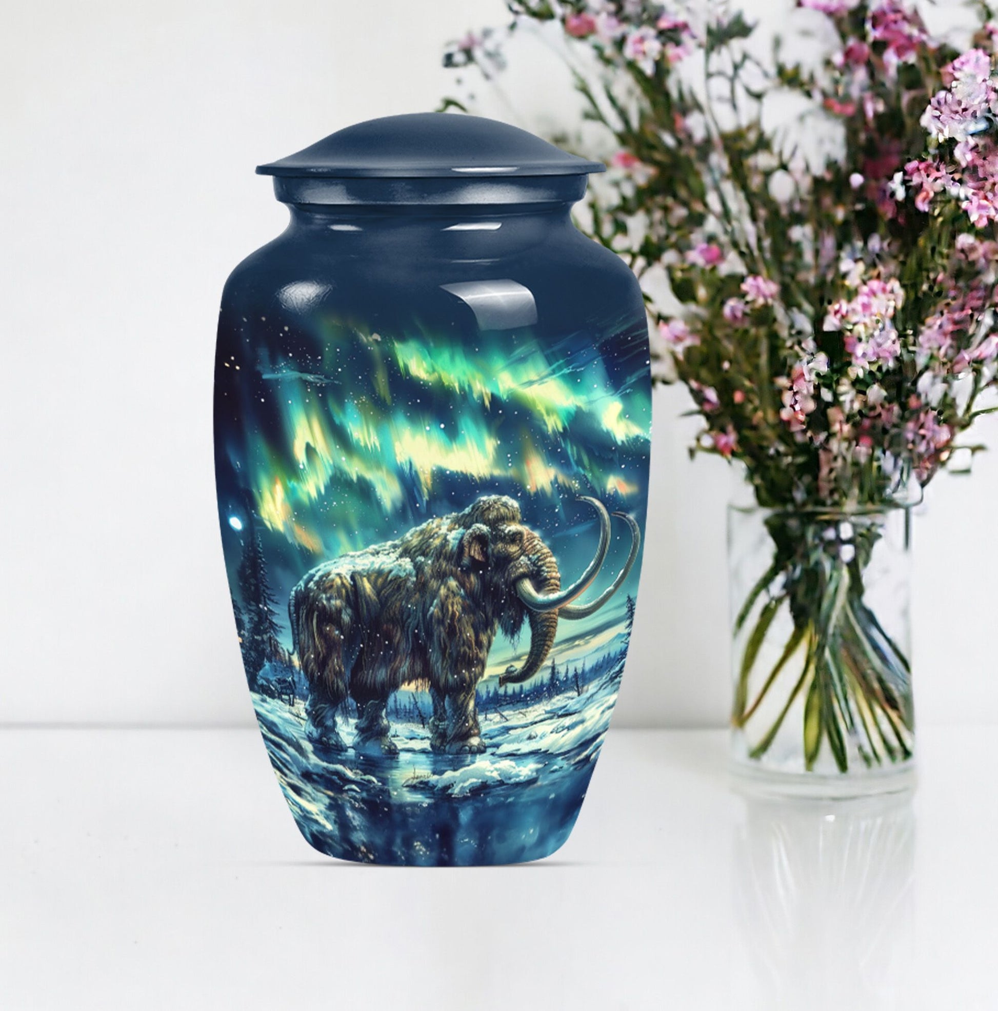 mammoth urn with a howling wolf theme, 