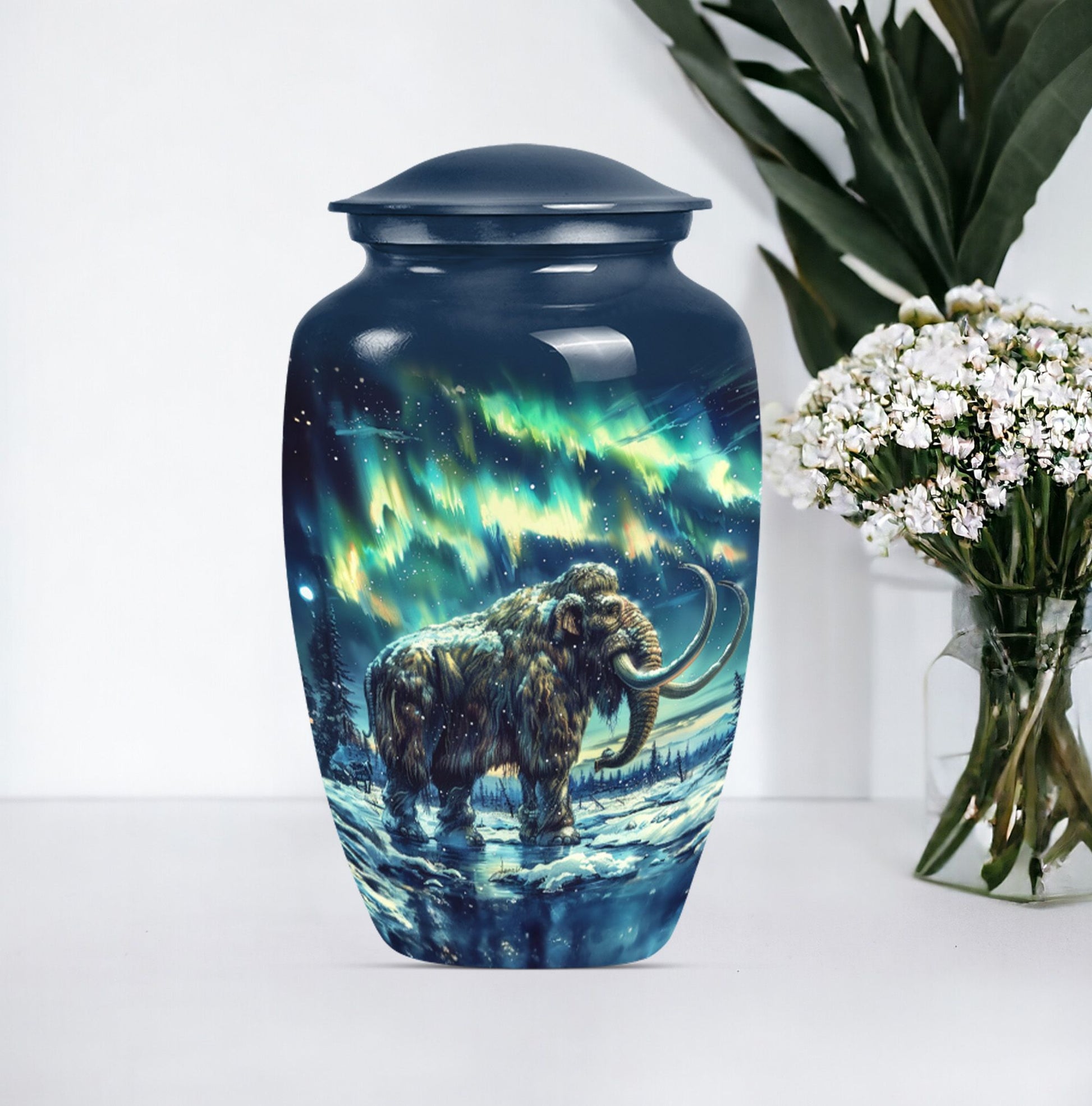 mammoth urn with a howling wolf theme, 