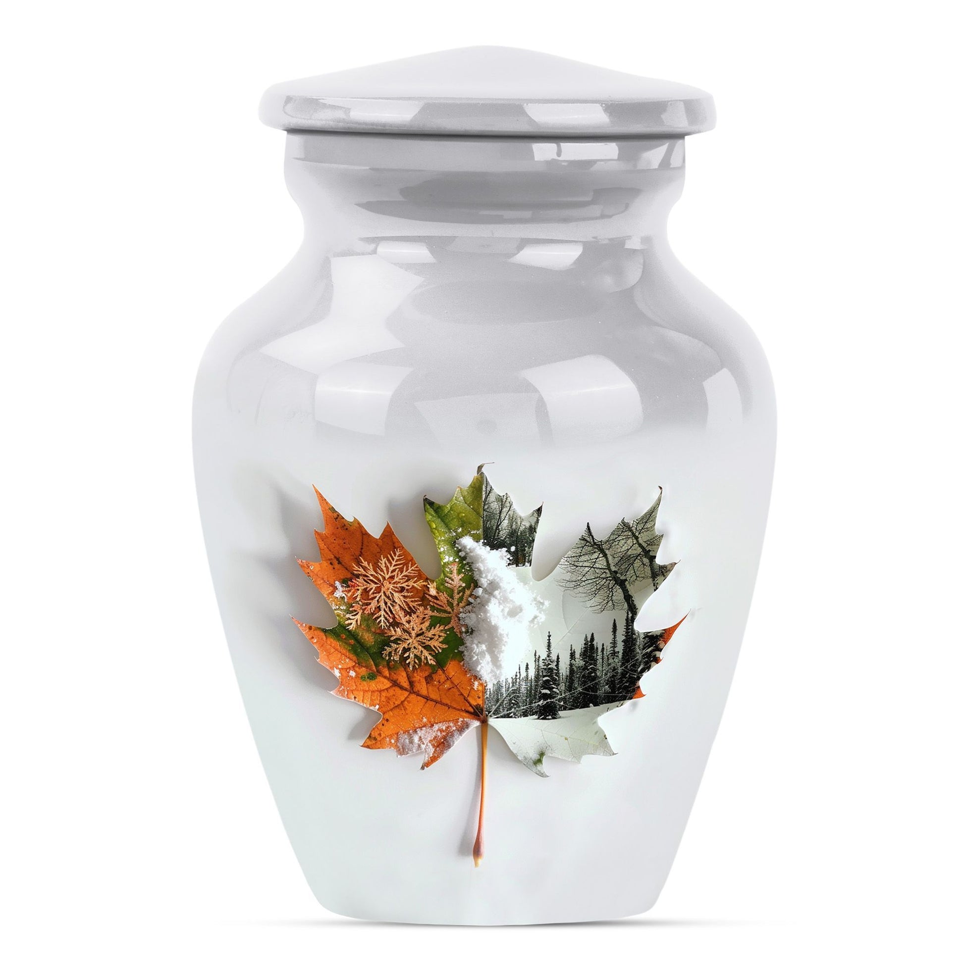 Classic 10-inch maple leaf urn in aluminium for burial.