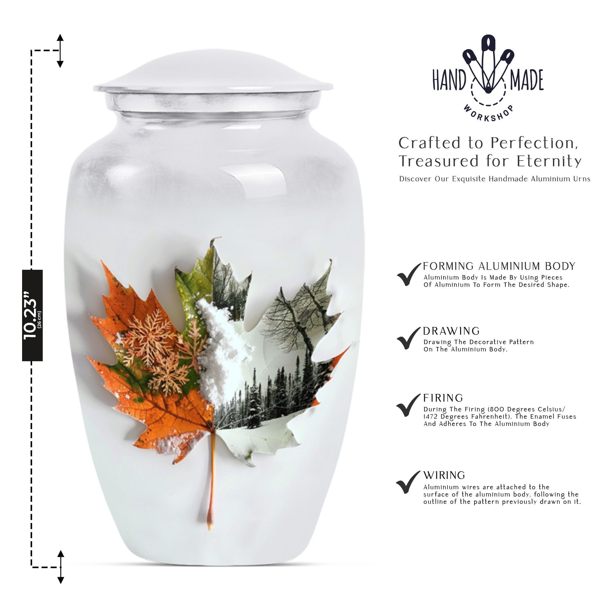 Classic 10-inch maple leaf urn in aluminium for burial.