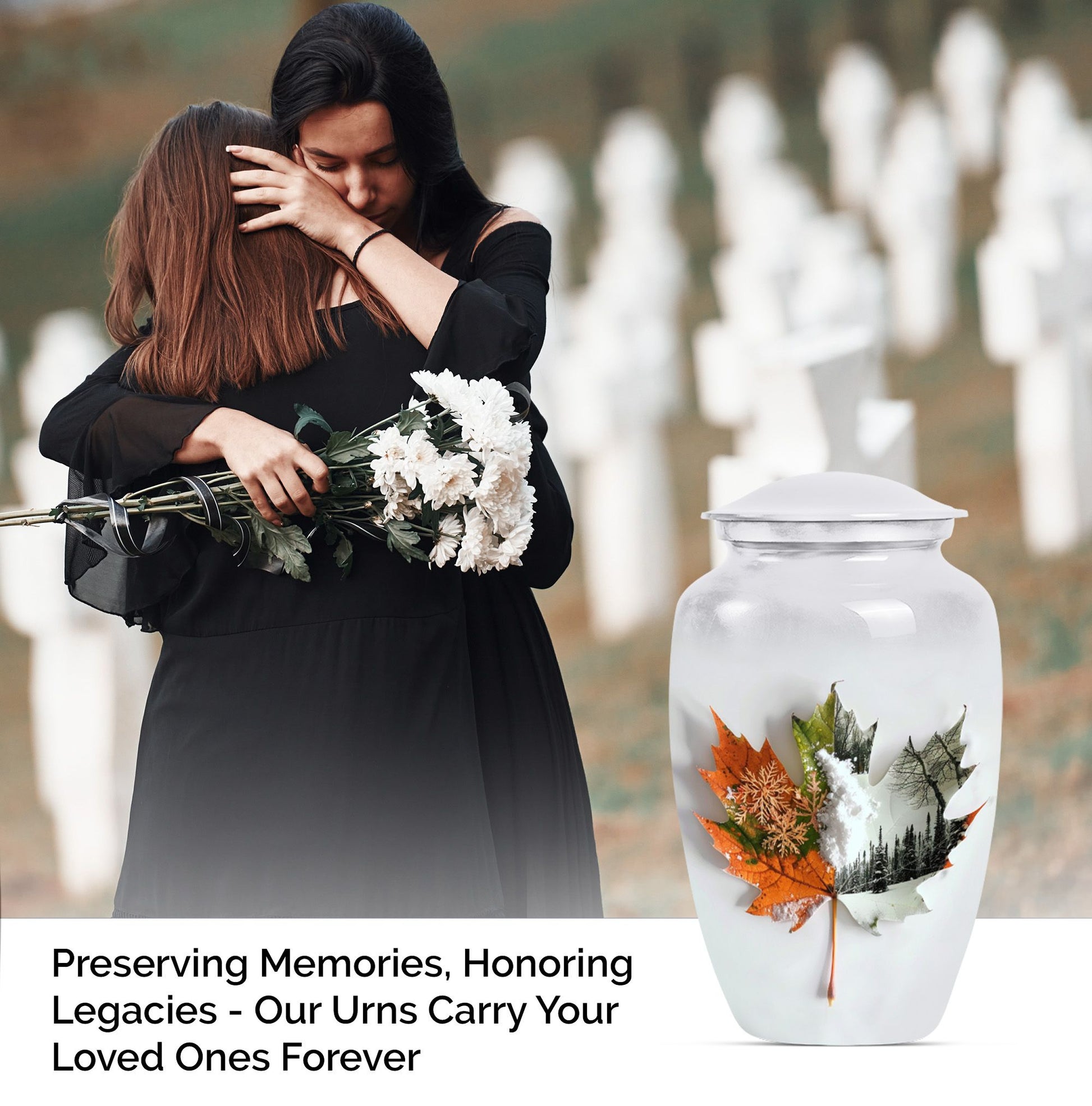 Classic 10-inch maple leaf urn in aluminium for burial.