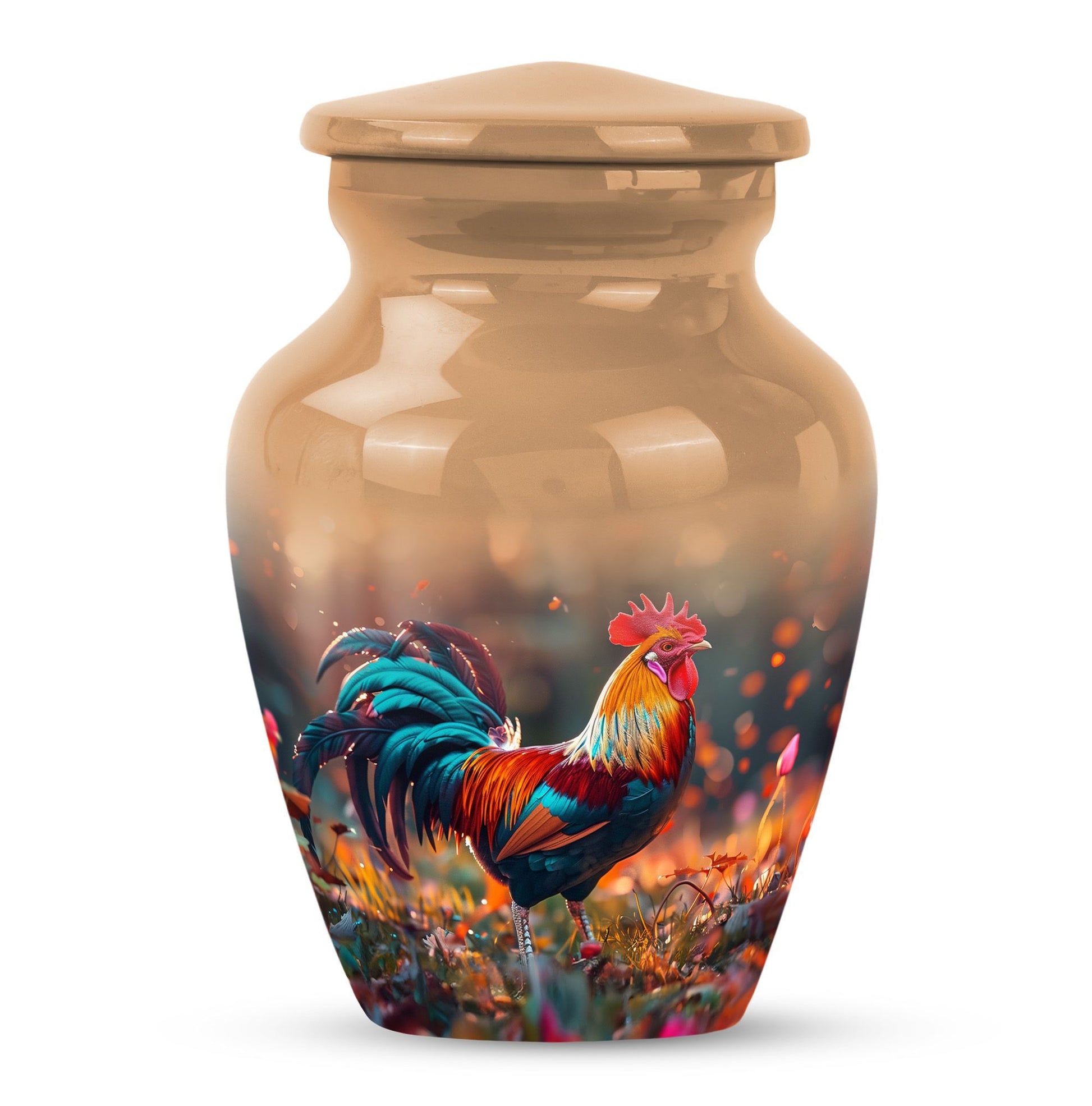 Floral designed classic chicken urn in aluminium to hold cremation ashes