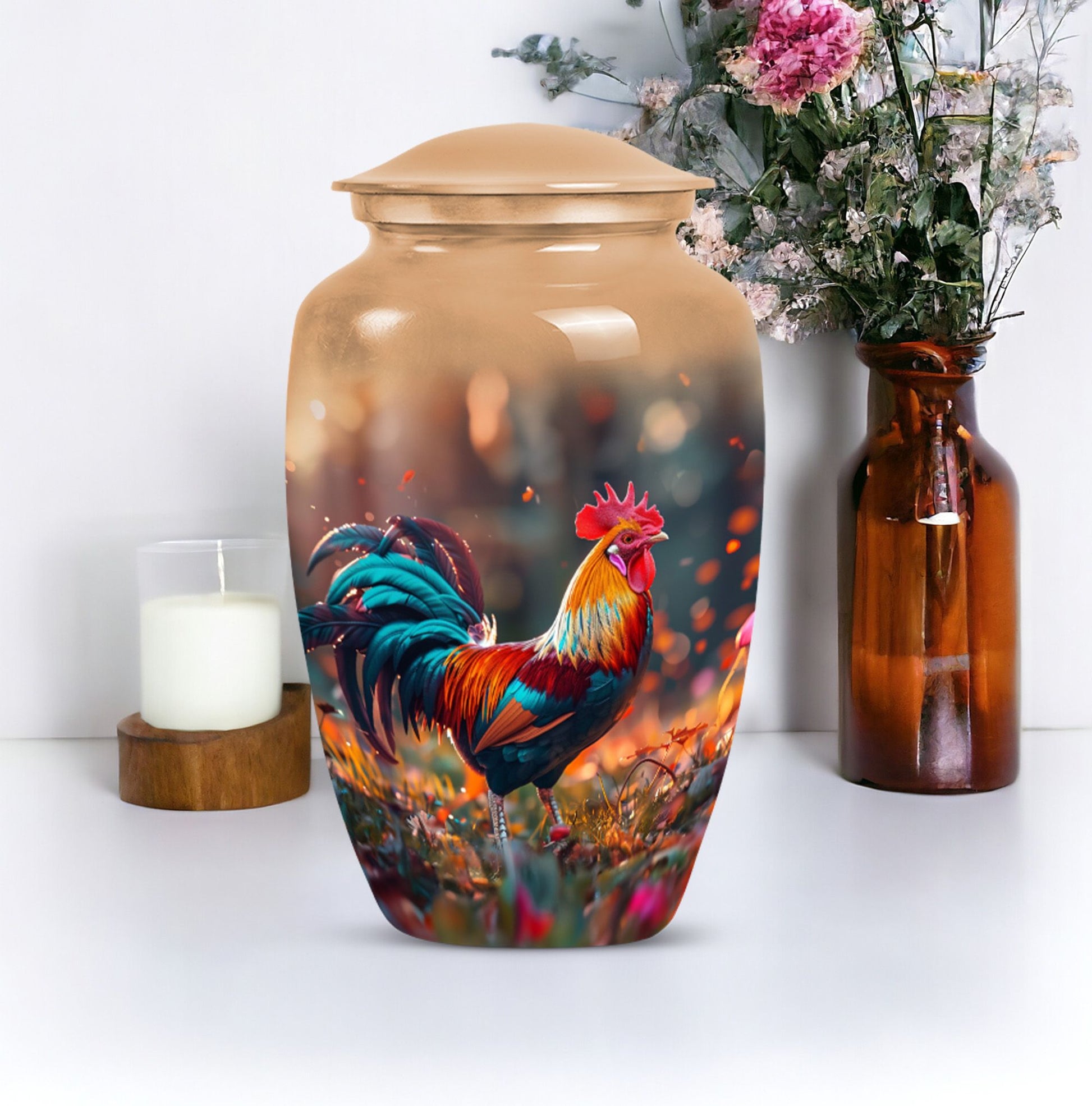 Floral designed classic chicken urn in aluminium to hold cremation ashes