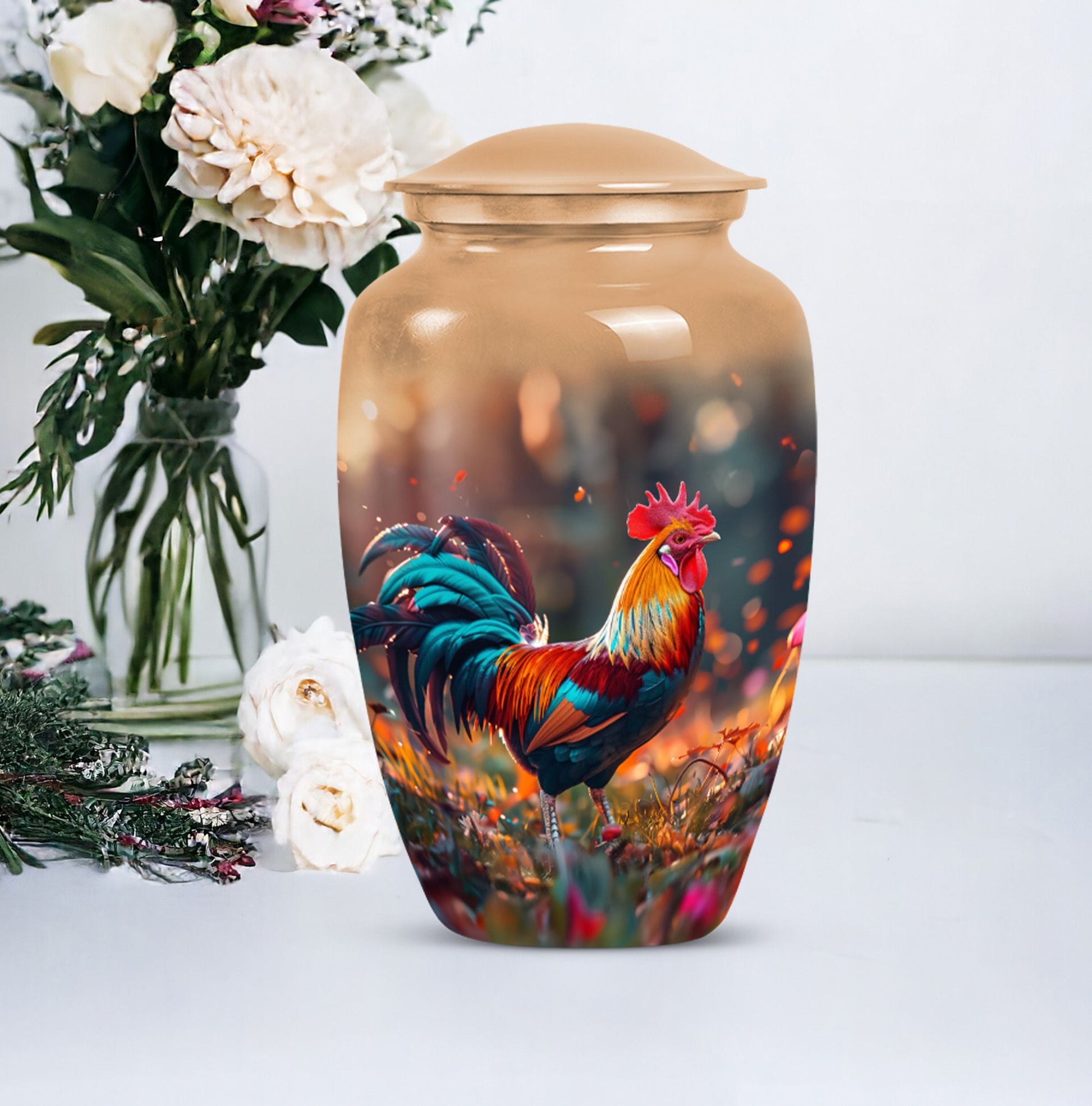 Floral designed classic chicken urn in aluminium to hold cremation ashes