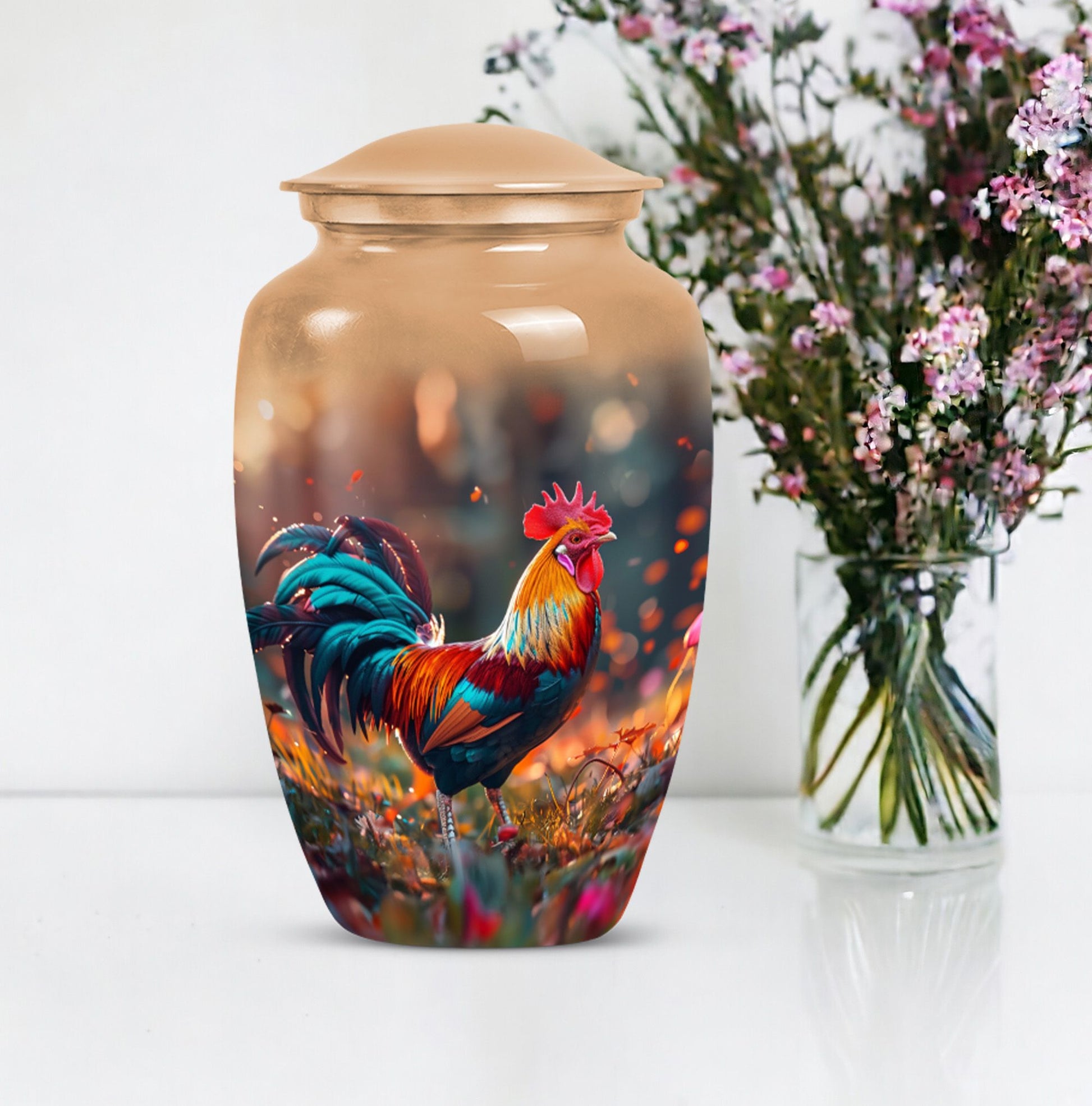 Floral designed classic chicken urn in aluminium to hold cremation ashes