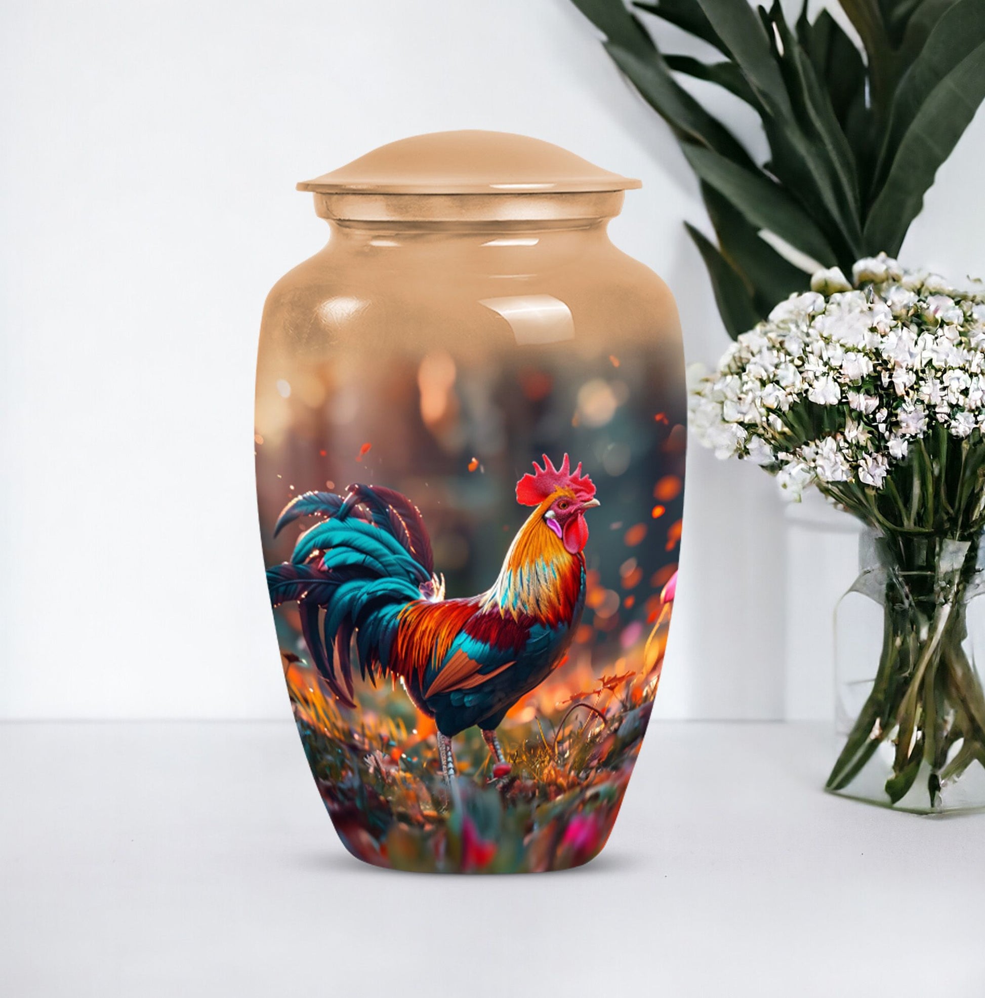 Floral designed classic chicken urn in aluminium to hold cremation ashes