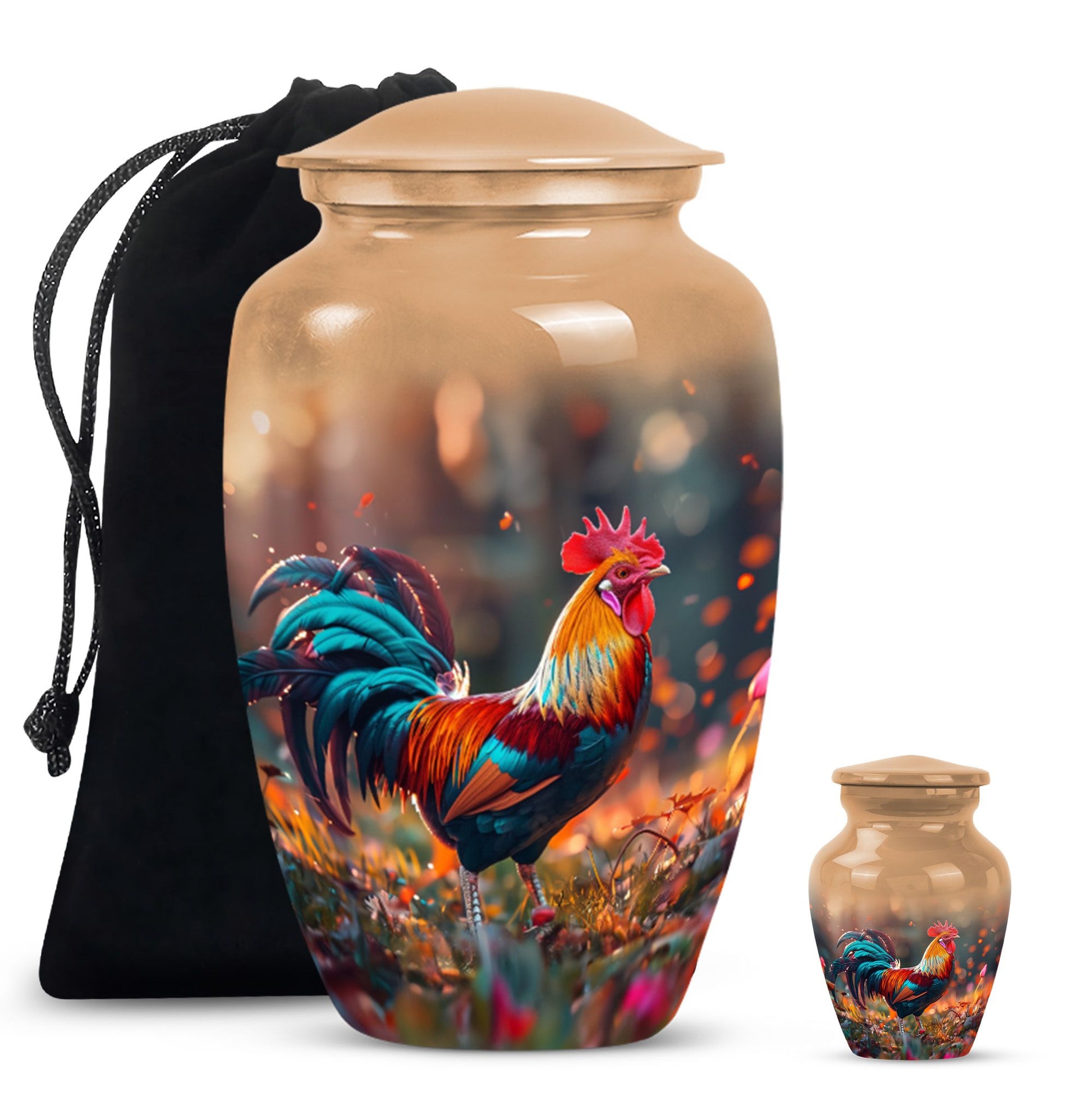 Floral designed classic chicken urn in aluminium to hold cremation ashes