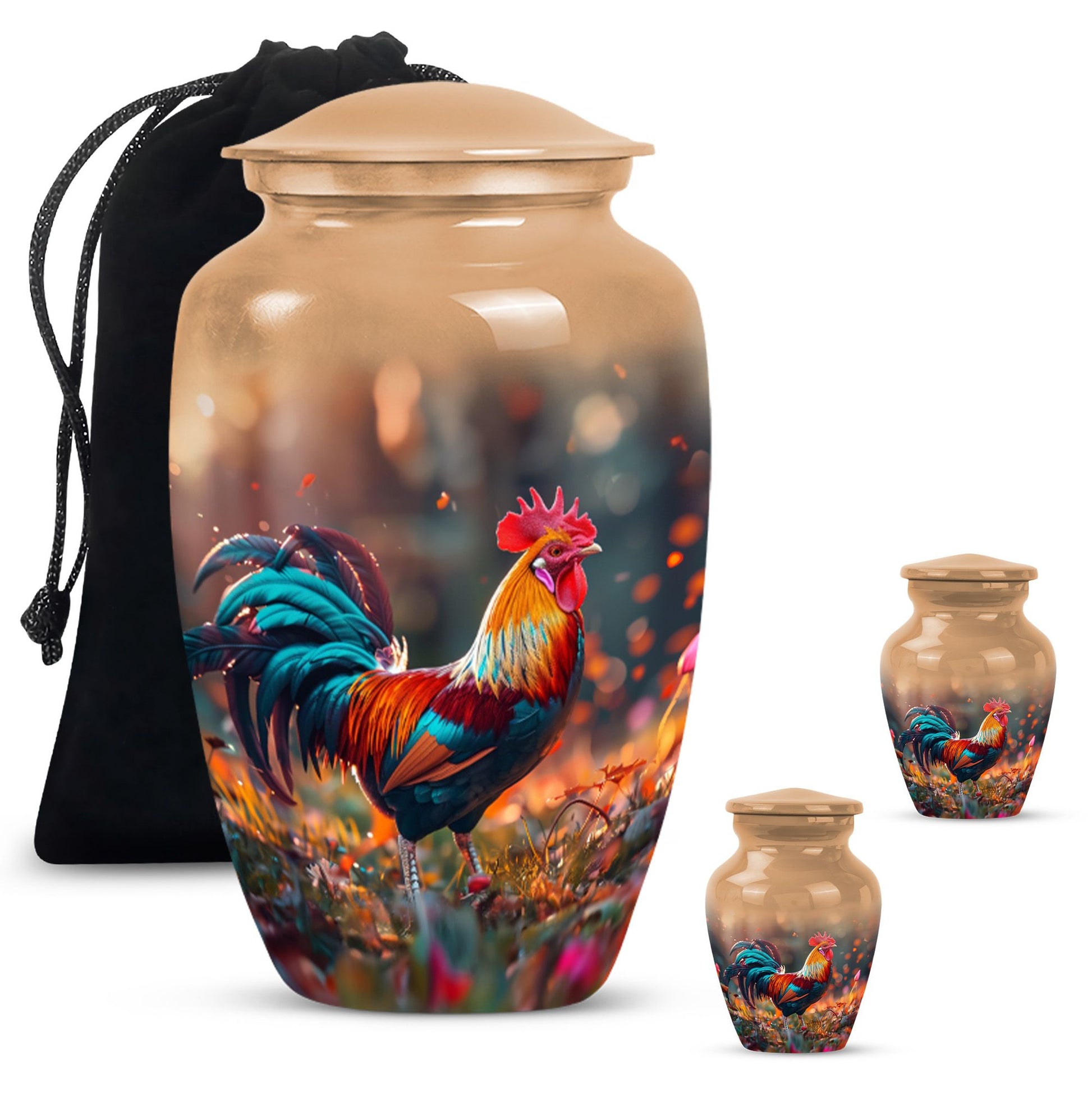 Floral designed classic chicken urn in aluminium to hold cremation ashes