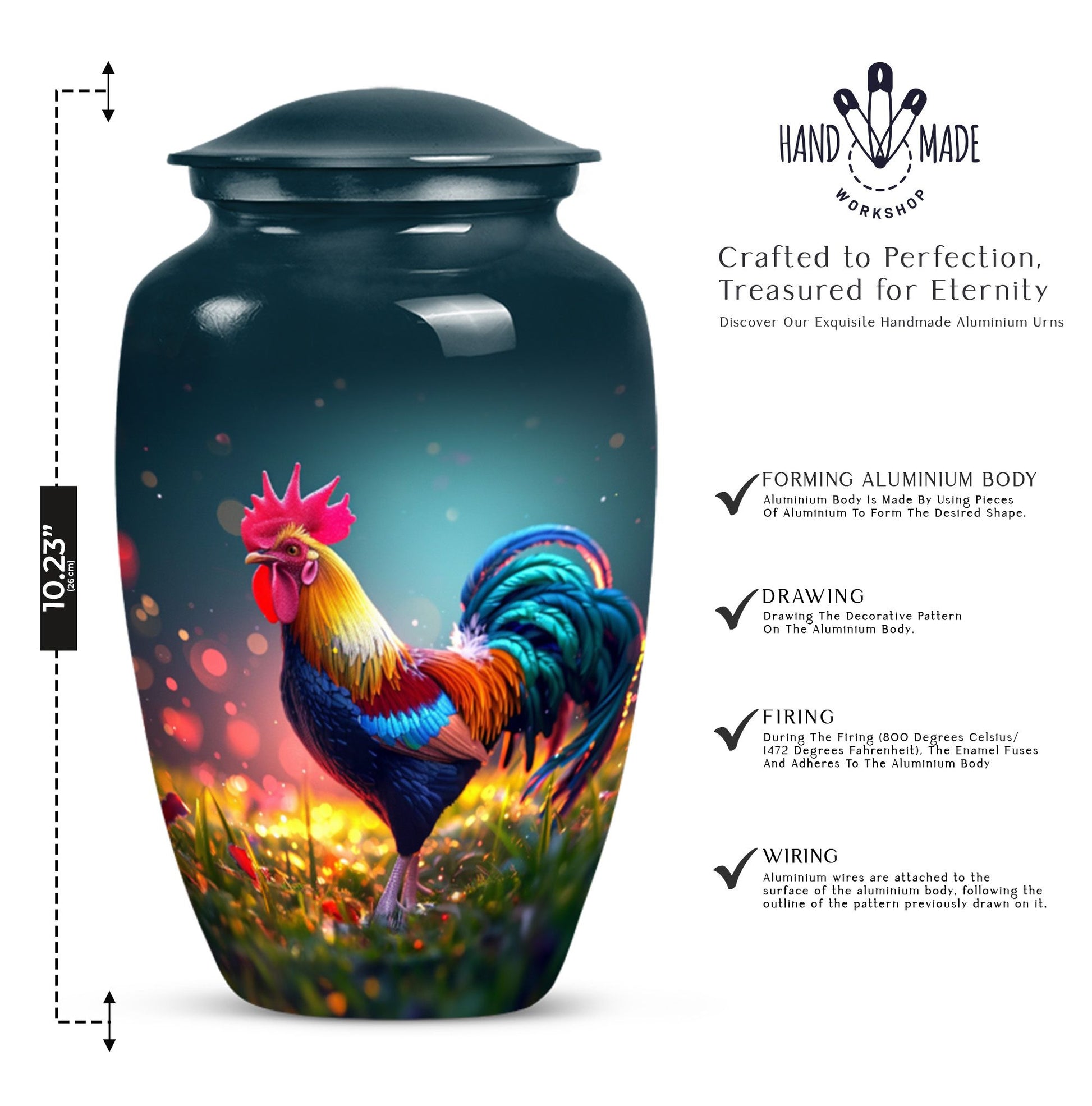 Classic 10 inch chicken theme urn for women's ashes.