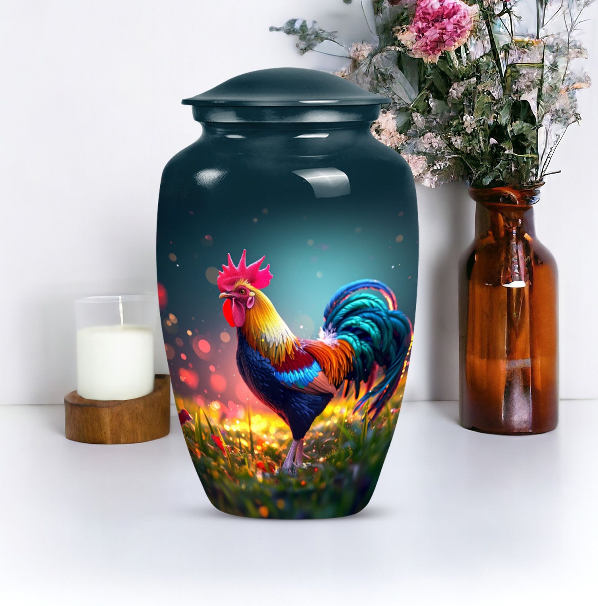 Classic 10 inch chicken theme urn for women's ashes.