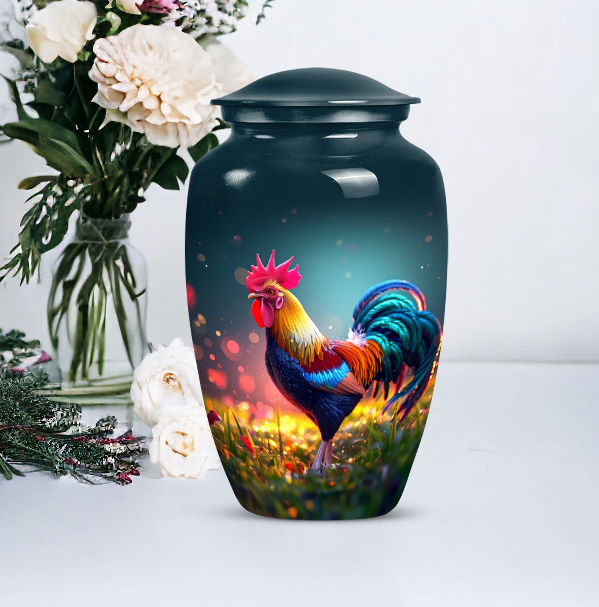 Classic 10 inch chicken theme urn for women's ashes.