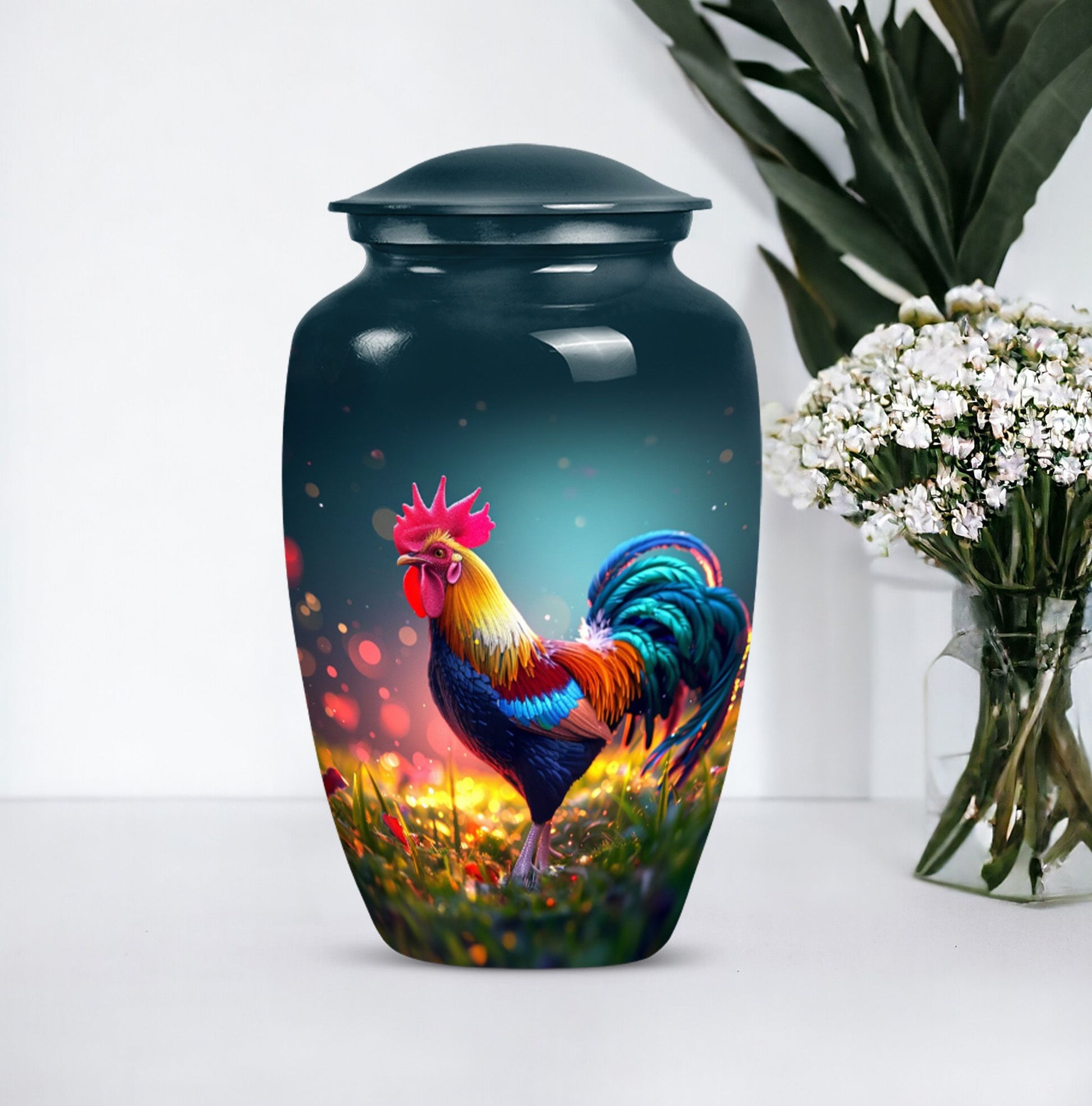 Classic 10 inch chicken theme urn for women's ashes.